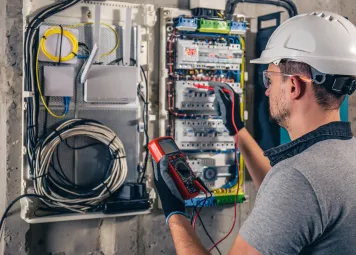 Electrician inspecting electrical panel and circuit breaker in Dubai residential building