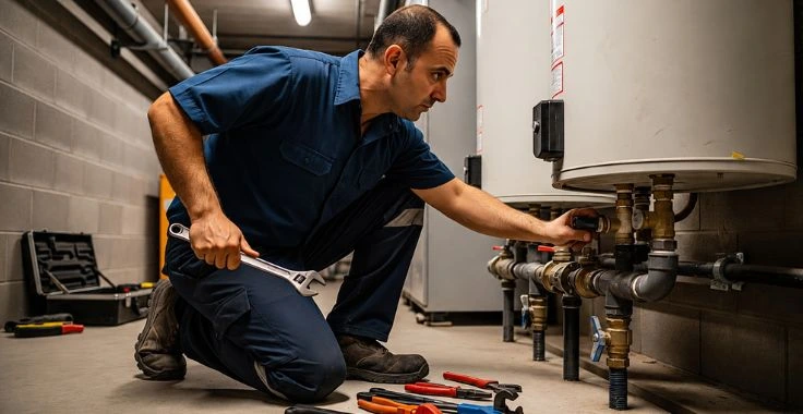 Professional plumber working on commercial pipe system in Dubai