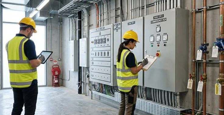 Electromechanical engineers inspecting electrical systems in Dubai