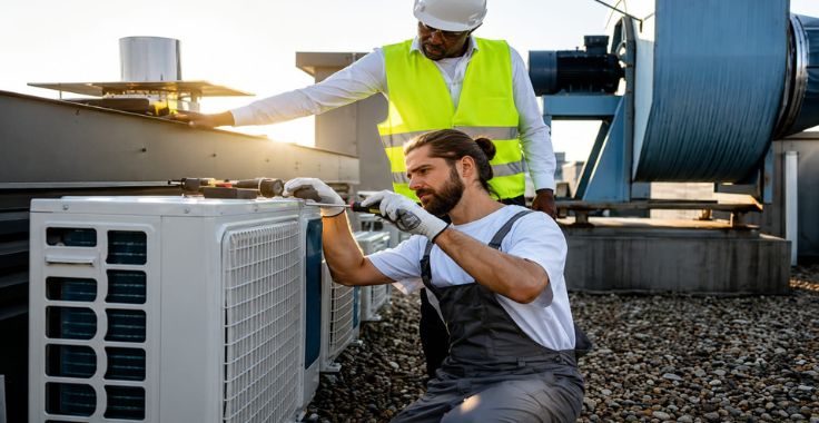 HVAC maintenance technician servicing AC unit in Deira Dubai