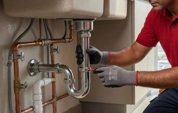 Technician maintaining water pipes and plumbing equipment